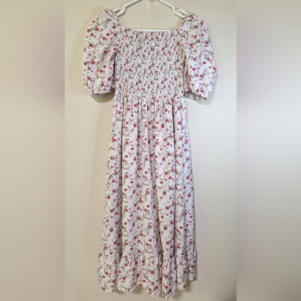 Handmade Girls XL Cottagecore Smocked Puff Sleeve Floral Peasant Maxi Dress